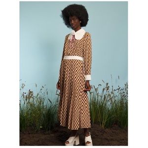 Sister Jane | Womens Tractor Tile Pleated Midi Dress Yellow,Cream,Brown